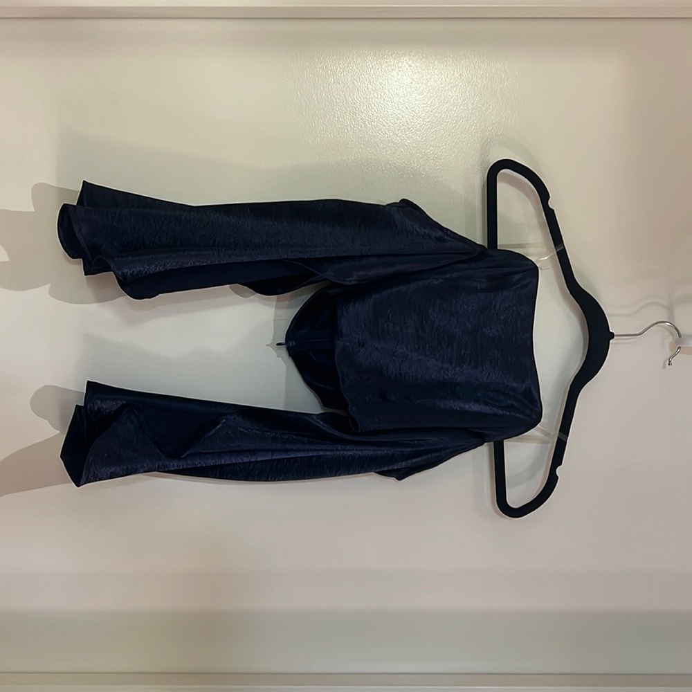 satin blue off the shoulder crop top